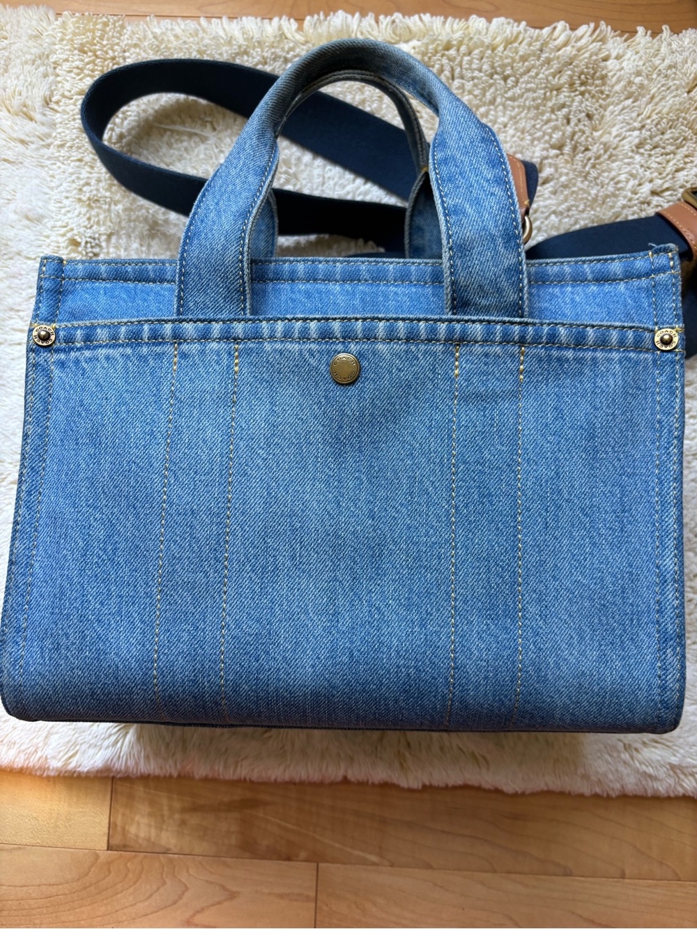 Coach Blue Denim Tote with Navy Logo and Tan Tag - Picture 2 of 9